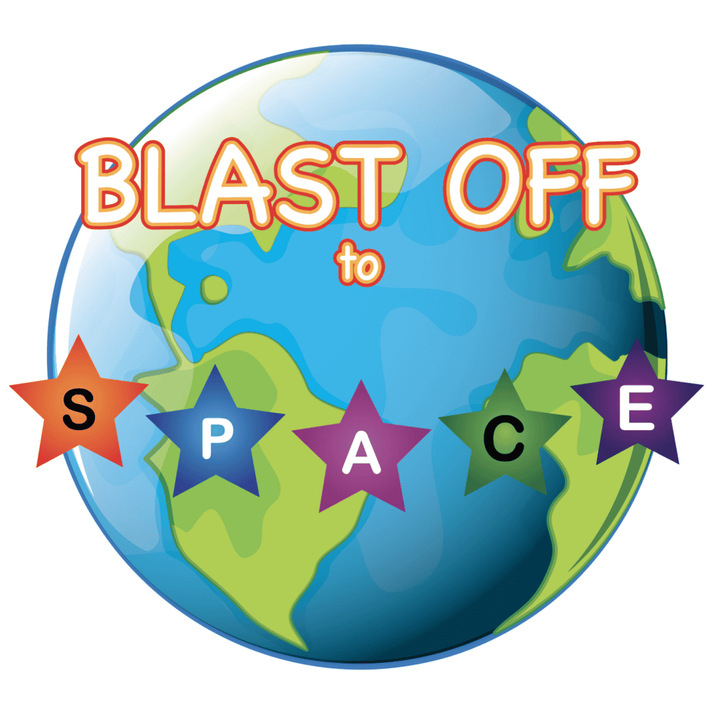 Colorful globe with stars spelling SPACE for sensory path activity.